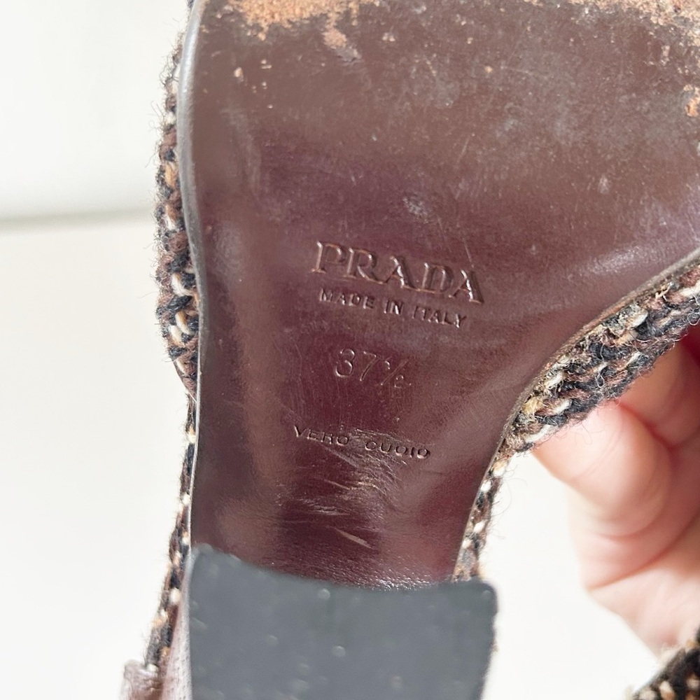 Prada Vintage Brown Tweed Peep Toe Heels Sculpted Heel Size EU 37.5 - Picture 10 of 10